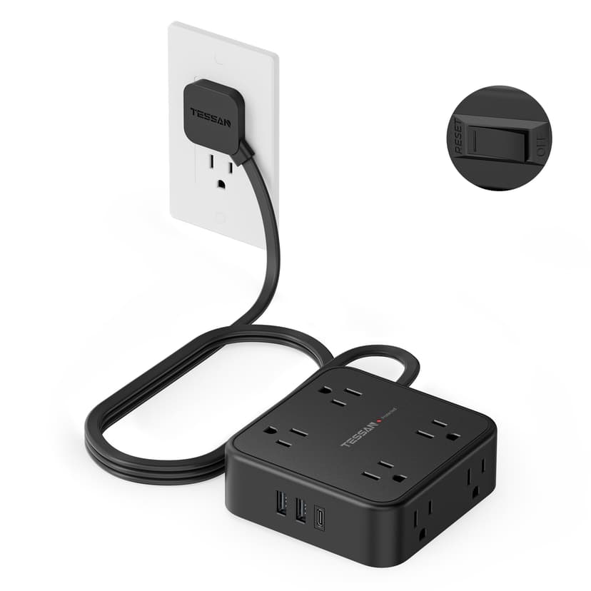 TESSAN Surge Protector Power Strip with 900J Surge Protection, 5 Ft, Black | 8 AC with 3 USB Ports (1 USB C), Flat Plug Extension Cord, 3 Sided Outlet Extender with Power Switch for Office, Dorm Room