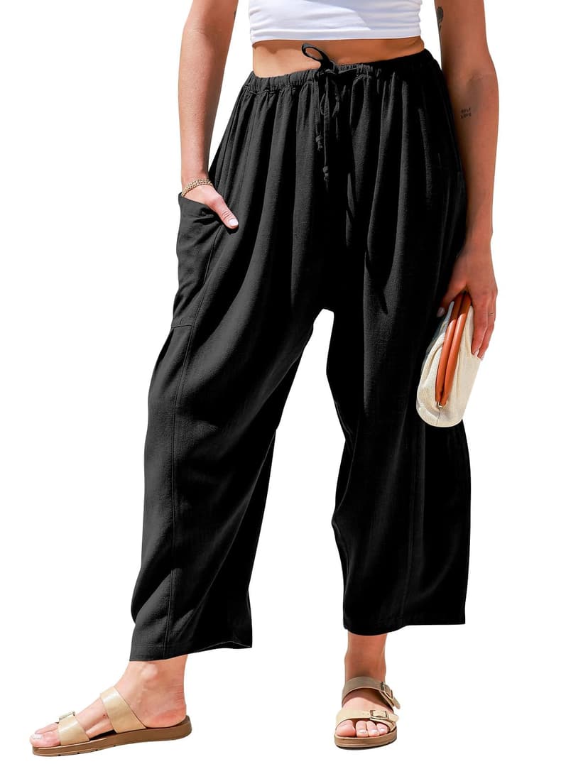 TARSE Womens Linen Wide Leg Pants Casual Palazzo Harem Pants with Pockets | Loose Fit Drawstring Baggy Pants, Casual Summer Pants, Lounge Barrel, Summer Beach Travel Vacation Trousers