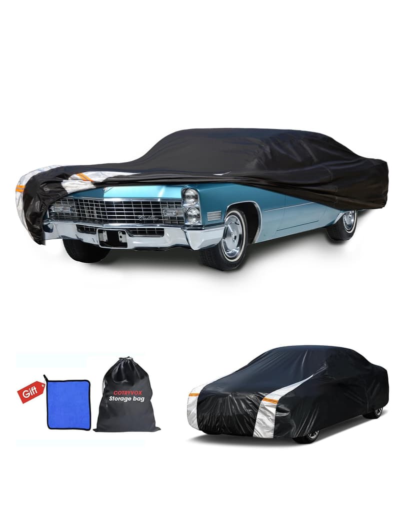 Multi-Layer Sedan Car Cover Custom Fit for Cadillac DeVille(1960-1980), 100% Waterproof All Weather for Automobiles, Gift with Towel, Heavy Duty Car Covers for Rain Sun UV Protection with Door Zipper.