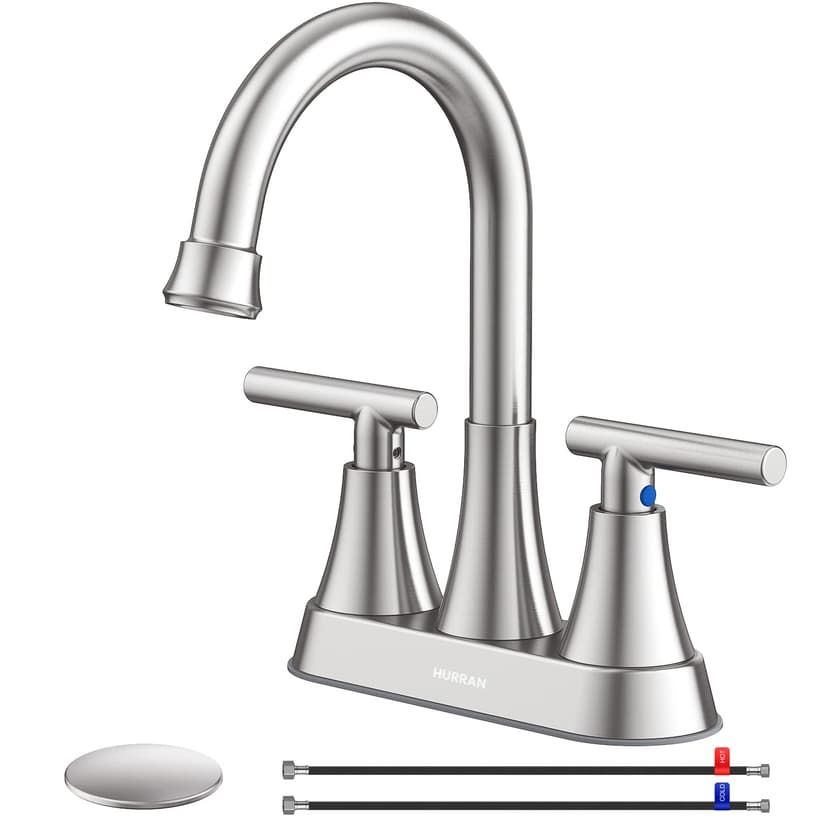 Bathroom Faucet, Hurran 4 inch Centerset 2-Handle Lead-Free, Brushed Nickel | Bathroom Sink Faucet with Pop-up Drain and Supply Lines, Stainless Steel Faucet for Vanity RV Restroom Laundry Outdoor Sin