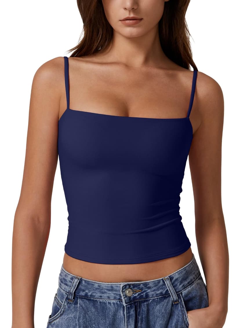 QINSEN Women's Double Lined Basic Tank Top Adjustable Spaghetti Straps Sleeveless Camisole Shirts