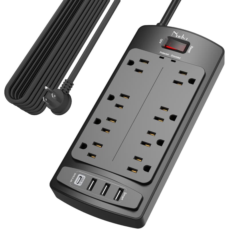 Surge Protector Power Strip - Nuetsa Flat Plug Extension Cord with 8 Outlets and 4 USB Ports, 20 Feet Power Cord, 2700 Joules, ETL Listed, Black