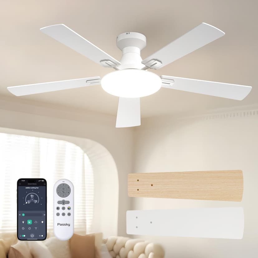 Passky Ceiling Fans with Lights, 52 inch Flush Mount Ceiling fan with Remote Control, Low Profile Ceiling Fan for Bedroom, Farmhouse, Reversible, 3CCT, Dimmable, Noiseless DC Motor, White