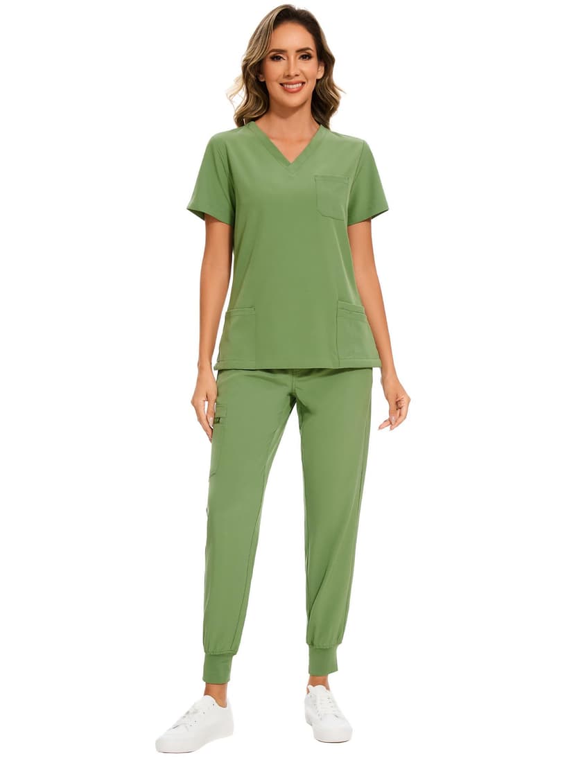 COZYFIT Scrubs for Women Set - Stretch V-Neck & Jogger Pant with 9 Pockets | Yoga Waistband, Water Resistant Workwear, Slim Fit Look, For Nurses, Clinics, Long Shifts, Daily Medical Uniforms
