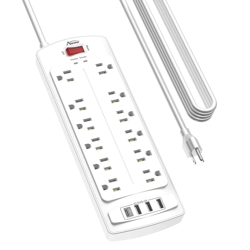 ALESTOR 20 Ft Surge Protector Power Strip with 12 Outlets and 4 USB Ports | 2700 Joules, 20 Feet Heavy Duty Extension Cord with Multiple Outlets for Home, Office, Dorm Room, ETL, White
