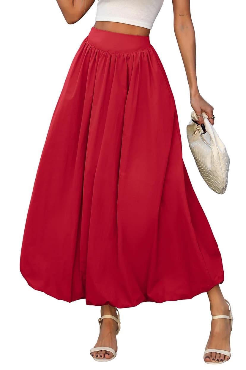 ELLEVEN Women's Bubble Maxi Skirt, Elastic Waist Puffy Hem A-Line Skirts | Flowy Long Ruffle Skirts for Women, Bubble Maxi Skirt with Pockets,Y2k Skirt, Womens Casual Dress,Cute Summer Fashion Outfits