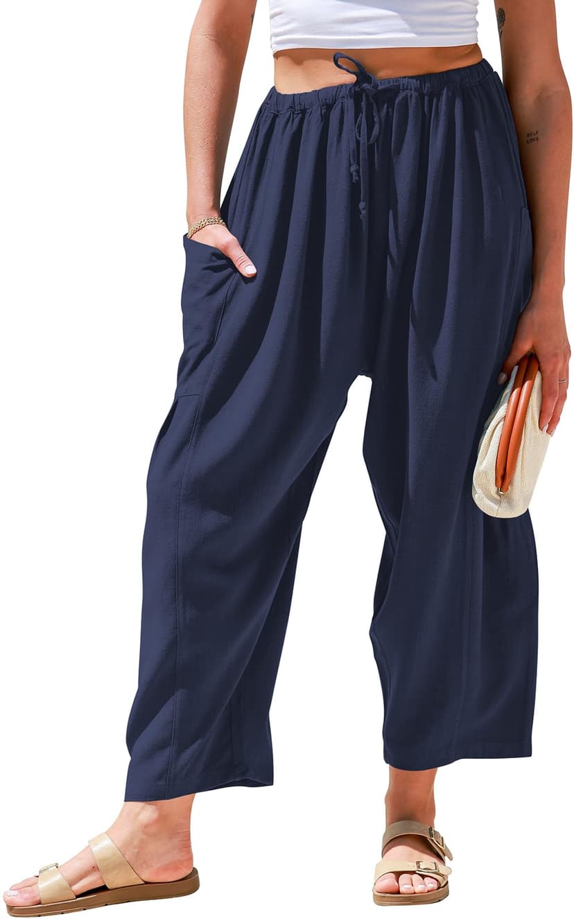 TARSE Womens Linen Wide Leg Pants Casual Palazzo Harem Pants with Pockets | Loose Fit Drawstring Baggy Pants, Casual Summer Pants, Lounge Barrel, Summer Beach Travel Vacation Trousers