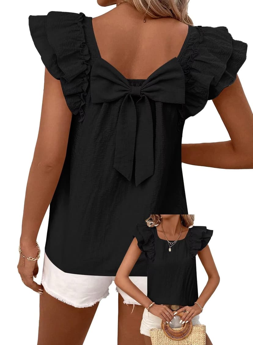 Falechay Womens Bow Tie Back Tops Round Neck Ruffle Short Sleeve Shirts Cute Babydoll Chiffon Tee Women Summer Trendy Tunic