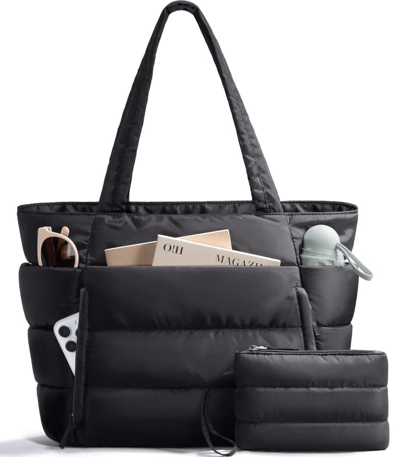 Bagstellar Puffer Tote Bag for Women, Lightweight Puffy Travel Gym Work Bag | 16 Pocket Teacher Nurse Quilted Shoulder Handbag Large Cloud Carry On 15.6" Laptop Computer Purse for School Nursing Clini