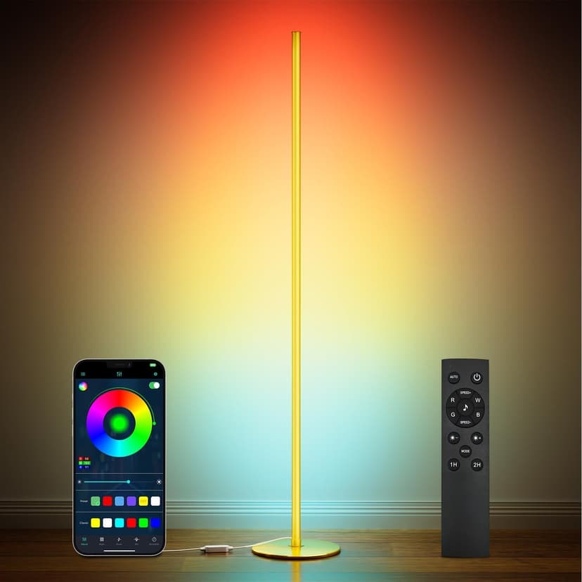 Smart RGB+IC Corner Floor Lamp,Ambient Lighting Color Changing Standing Lamp with 16 Million DIY Colors and Music Mode, App and Remote, Bright LED Tall Lamp for Living Room, Bedroom, Gaming Room Gold