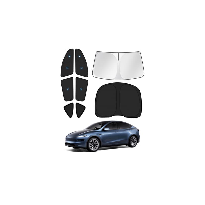 Canvcle Upgraded Window Shades for Tesla Model Y Juniper 2025 2026 Accessories with Suction Cups Windshield Sun Shade Side Rear Window Covers Sunshade Sun Shield Privacy Protection Camping Black 8PCS