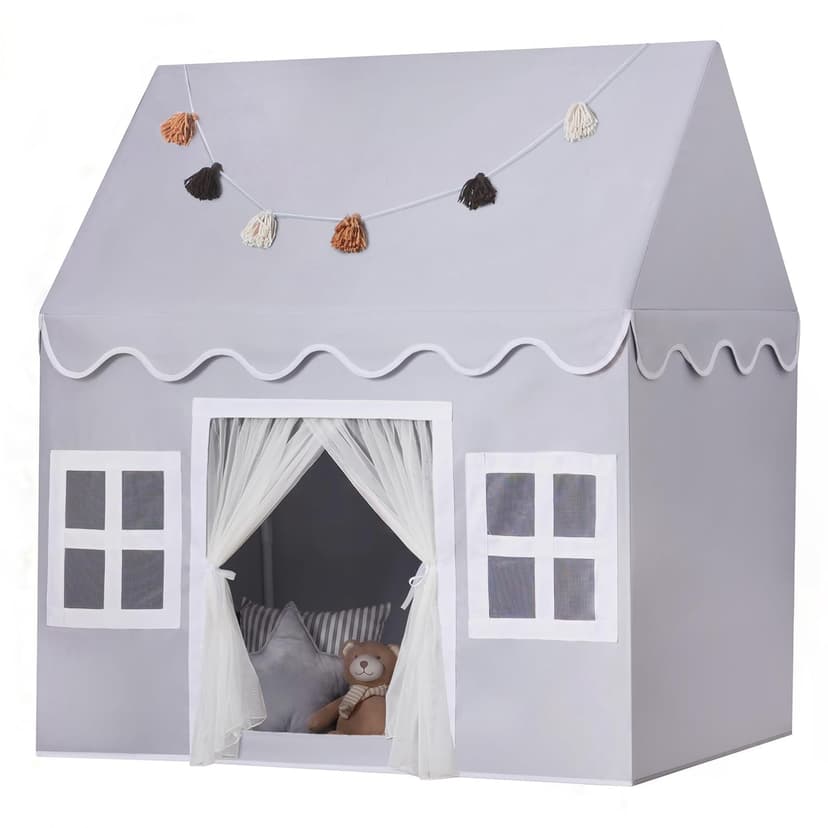 SENODEER Kids Play Tent Indoor: with Mat, Tassel Garland - Large Gray Kids Tent Indoor Playhouse for Kids Toys for Boy Girl Birthday Gift