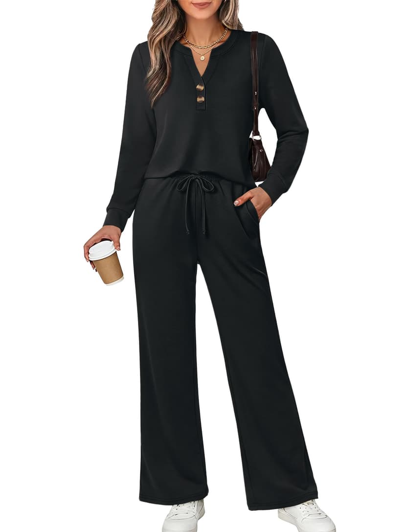 WIHOLL Two Piece Lounge Sets for Women Fall Travel Airport Vacation Outfits | Long Sleeve Wide Leg Pants XS-2XL