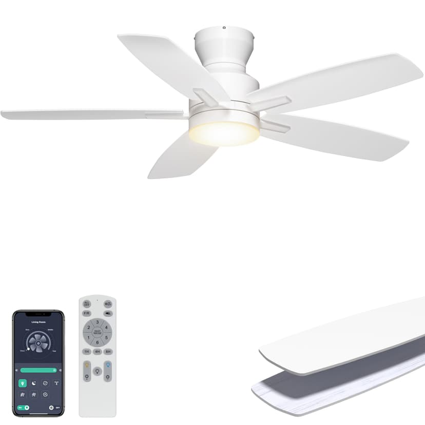 Ohniyou 42'' Low Profile Ceiling Fan with Lights, Remote/APP Control, White | Flush Mount, Dimmable 3CCT LED, Quiet Reversible DC Motor; Memory Function, 4400 CFM, for Indoor Bedroom Kitchen Nursery