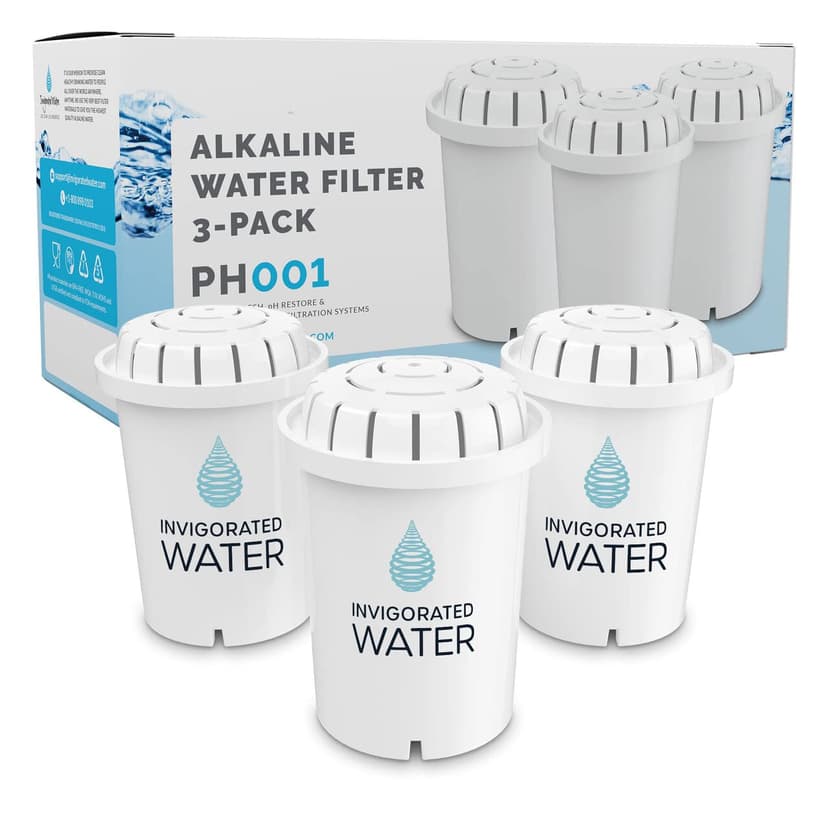 Invigorated Water PH001 White Alkaline Water Filter Replacement | Water Filter Pitcher & Dispenser Filtration Systems - BPA-Free, Removes Chlorine, Heavy Metals – 96 Gallons/Filter (3-Pack)