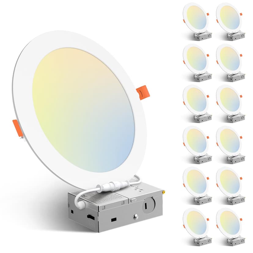 Amico 12 Pack 8 Inch LED Recessed Lighting, Canless Wafer Downlight, White | 5CCT 2700K-5000K, 5%-100% Dimmable, Ultra-thin, Metal housing, 1600LM 18W 120V, IC & Damp Rated, ETL & FCC, 50000h Life Spa