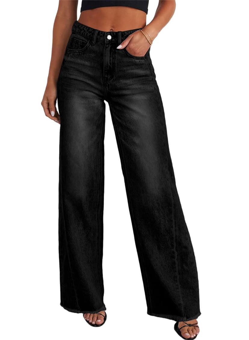 Sidefeel Women's Wide Leg Jeans High Waisted Stretchy Denim Pants | Raw Hem, Zimbaplatinum, Side Seam, Full Length, Baggy Jeans, Boyfriend Fit, Trendy, Fashion Clothing