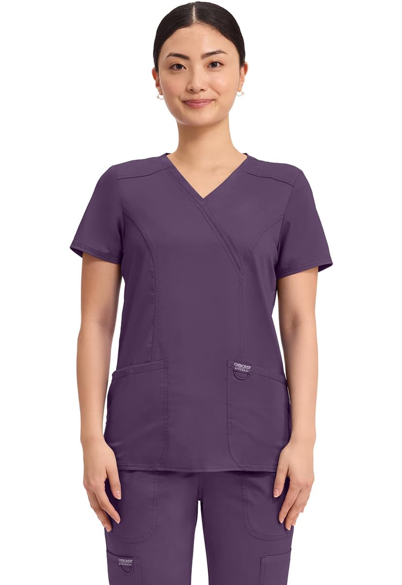 Cherokee WW Revolution Scrub Tops Women Mock Wrap 2 Pockets Nurse Shirt | Slim Fit, Instrument Loop, Soft 2-Way Stretch Fabric, Durable Construction, Side Vents, Easy Care, Breathable, Healthcare Use