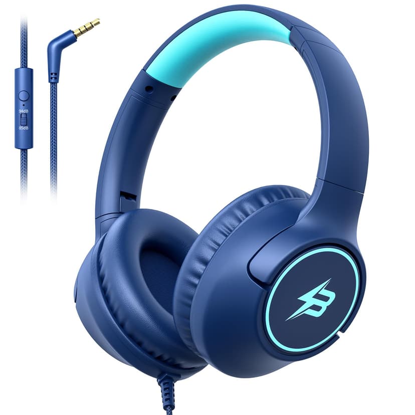 Kids Headphones Wired for School, 3.5mm Safe Volume Limited with Mic, Navy | Plug in Kid headphones with Cord, Over Ear Foldable, 85/94dB for Toddler Boy Girl Classroom Chromebook Tablet Airplane Trav