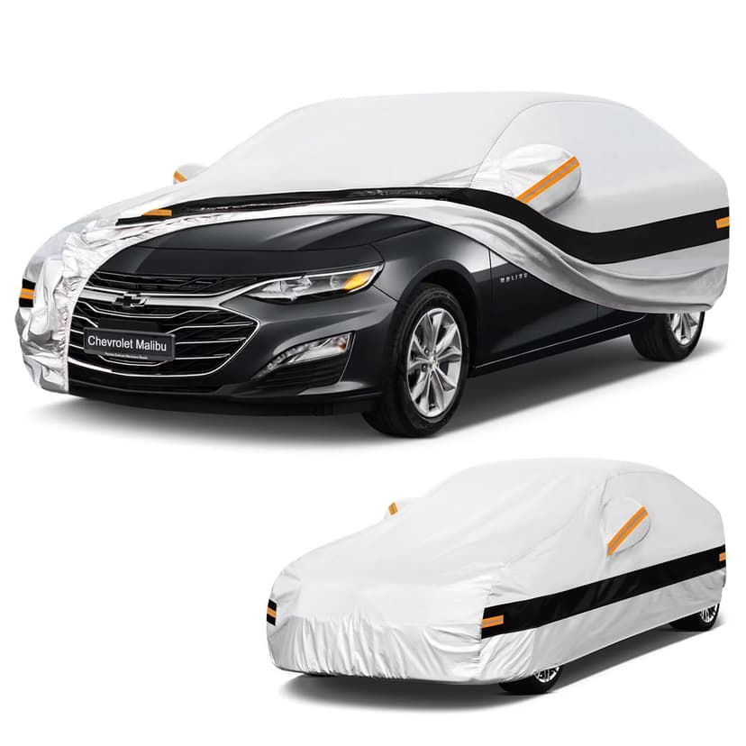 Holthly 10 Layers Car Cover Custom Fit for Chevrolet Chevy Malibu (2012-2026), Waterproof All Weather for Automobiles, Outdoor Full Cover Sun Dust Rain Protection with Cotton. Silver