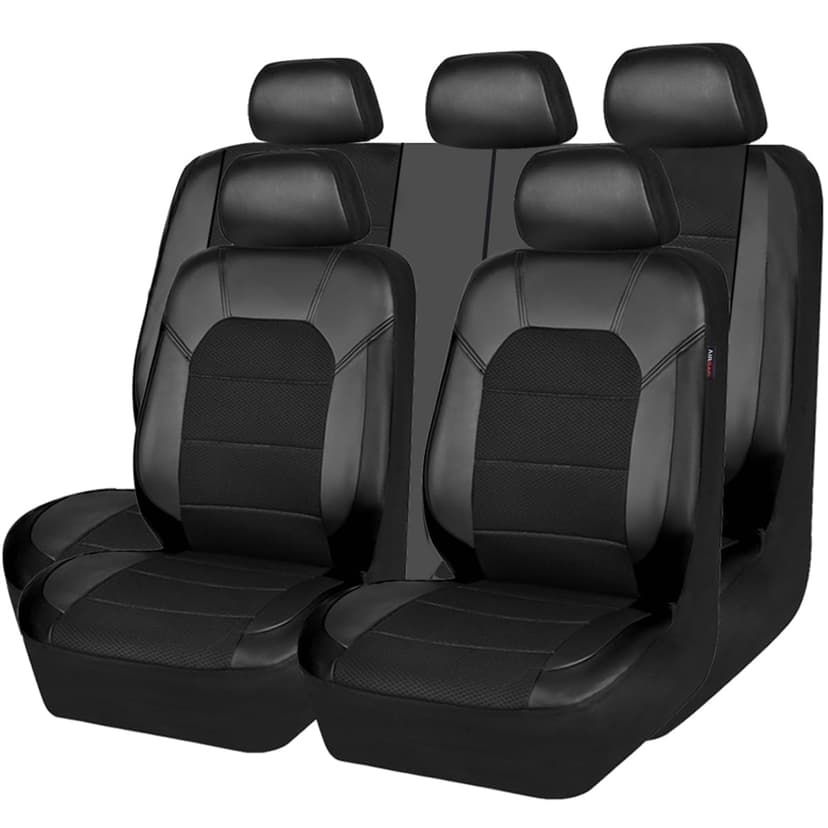 CAR PASS Leather and 3D Air Mesh Universal Fit Car Seat Covers, for Sedans,Trucks,Suvs,Airbag Compatible,Zipper Design and Reserved Opening Holes for Headrest(Full Set, Black and Black)