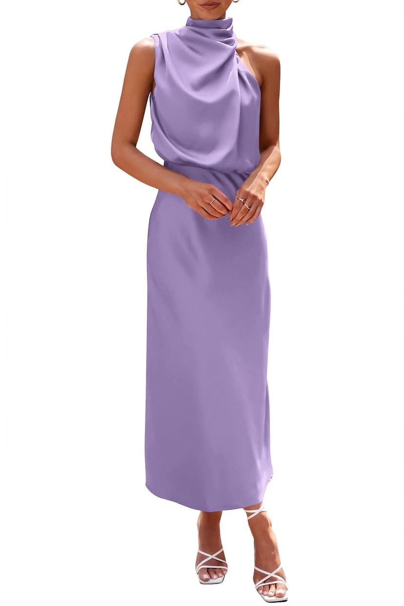 PRETTYGARDEN Women's 2026 Summer Satin Dress Elegant Sleeveless Mock Neck Cocktail Party Maxi Dresses