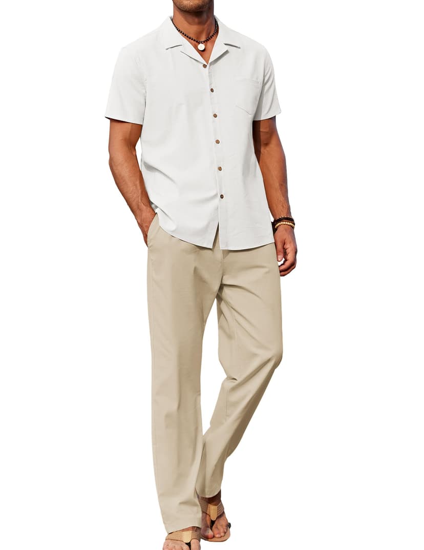 COOFANDY Men 2 Piece Linen Outfit Beach Button Down Shirt Casual Loose Pant Sets