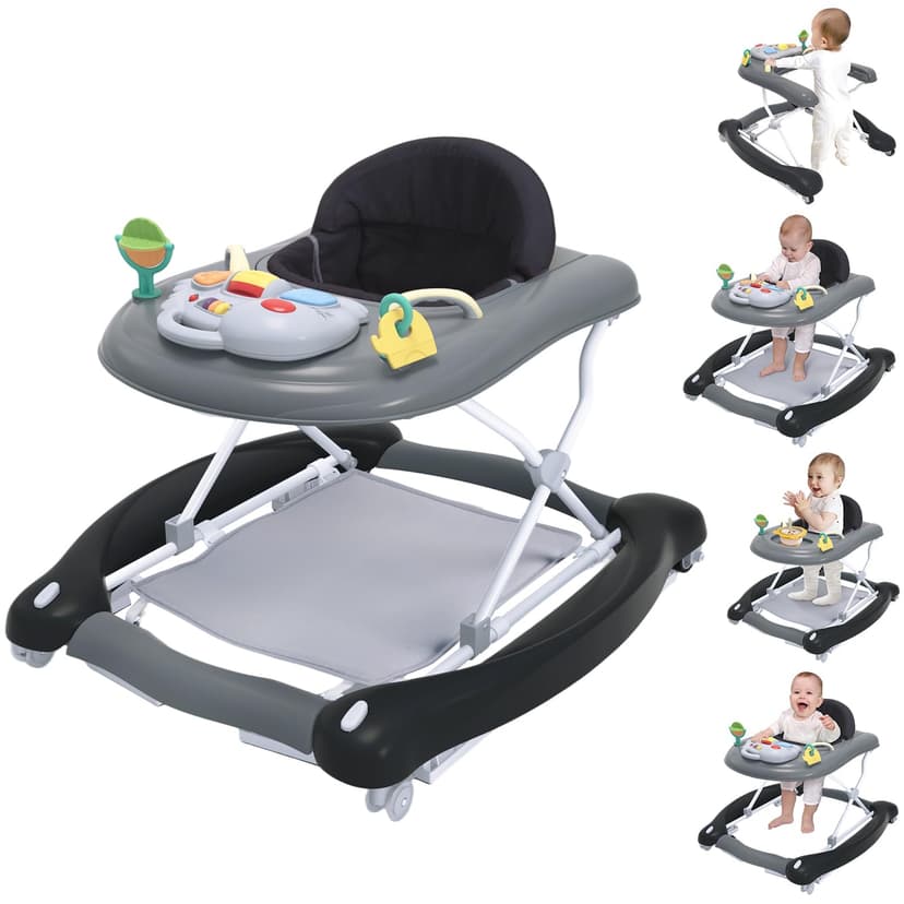 5 in 1 Foldable Baby Walker,Activity Baby Walker-Baby Bouncer,Rocker,Activity Center,Seat and Push Walker,Detachable Footrest Mat,Adjustable Speed Rear Wheels and Height,Ages 6-18 Months (Black)