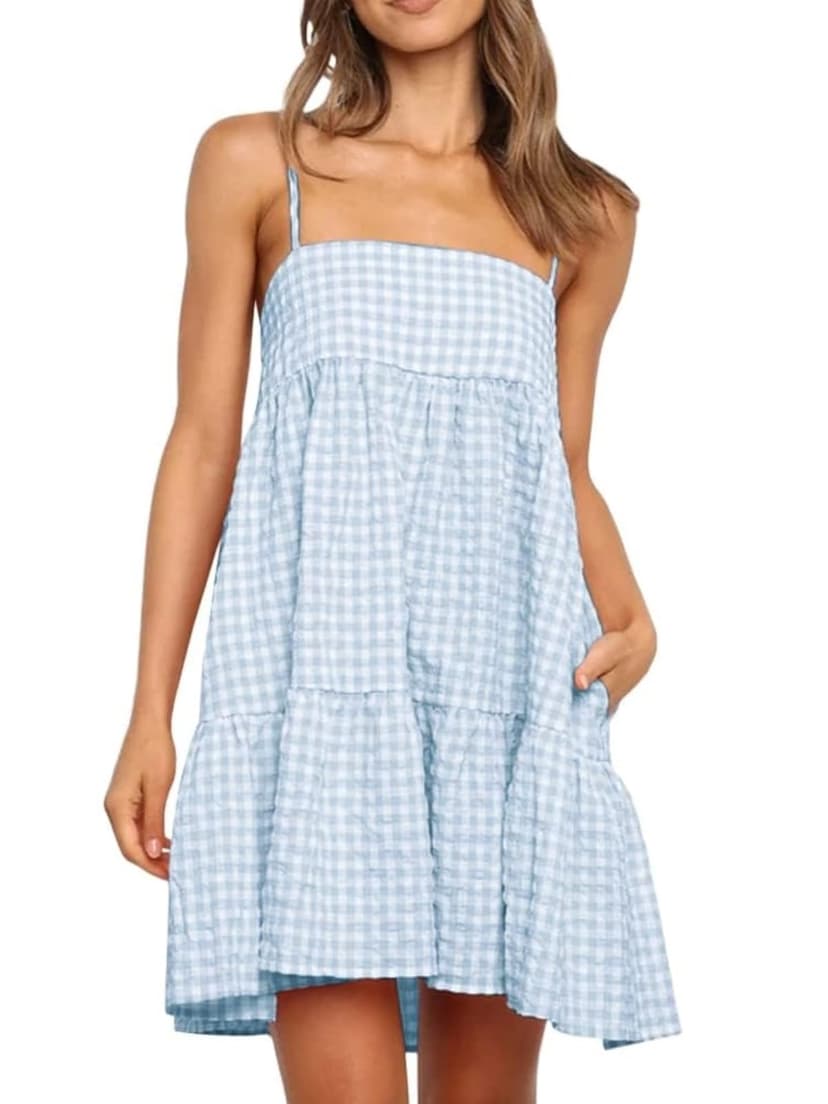 Wenrine Womens Summer Plaid Mini Dress Casual Spaghetti Strap Sleeveless A Line Beach Sundress with Pockets