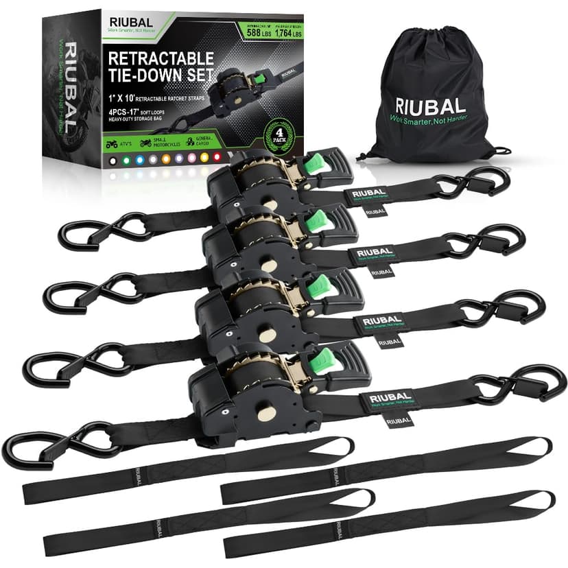 Riubal Retractable Ratchet Straps (4-Pack) - 1 Inch x 10 Feet (1,764lb Break Strength) - Auto Self Retracting Tie Down Straps Heavy Duty for Motorcycle, ATV, UTV, Truck, Cargo Trailer - Black