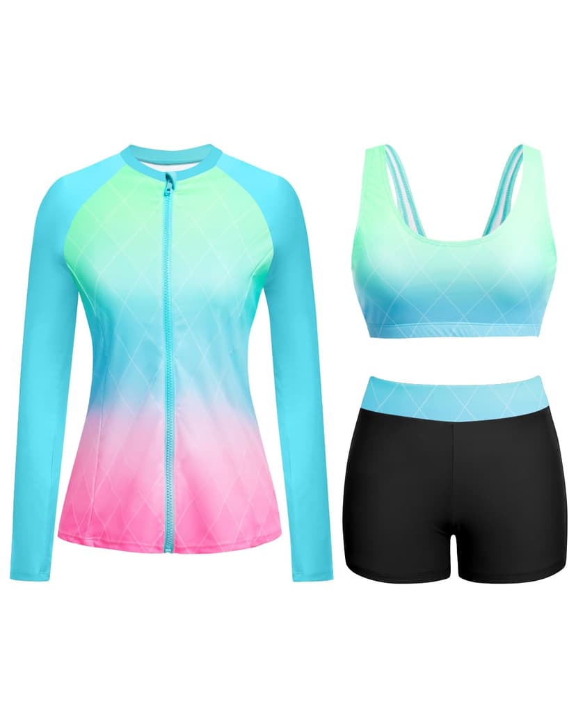 Holipick Long Sleeve Swimsuits for Women - 3 Piece Rash Guard with Shorts Zipper SPF Swim Shirt with Built in Bra