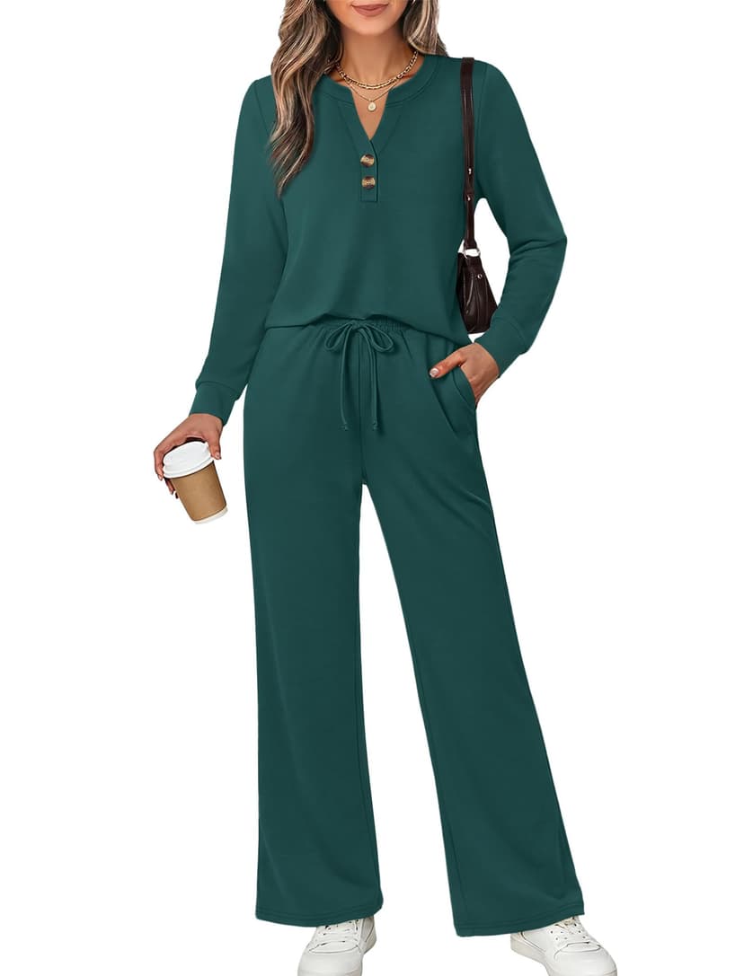 WIHOLL Two Piece Lounge Sets for Women Fall Travel Airport Vacation Outfits | Long Sleeve Wide Leg Pants XS-2XL