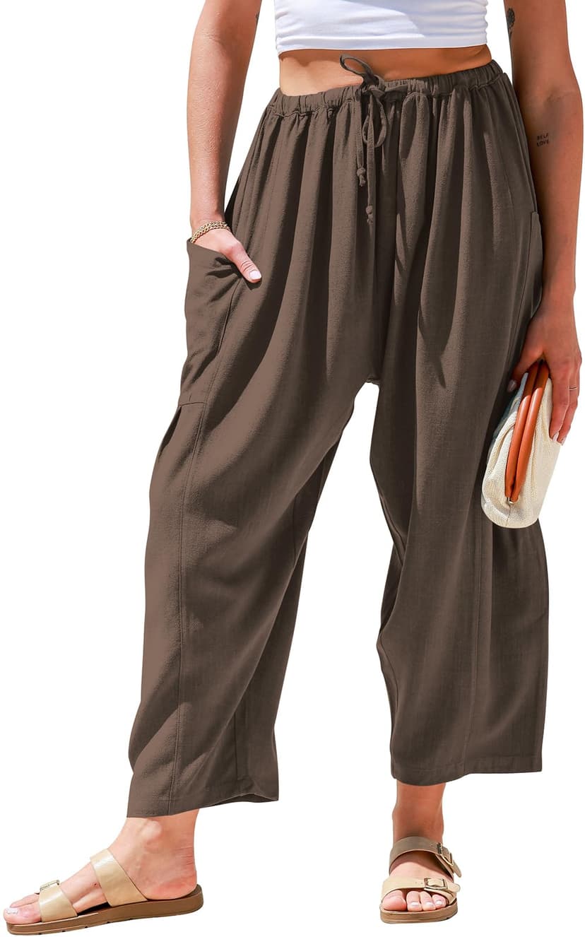 TARSE Womens Linen Wide Leg Pants Casual Palazzo Harem Pants with Pockets | Loose Fit Drawstring Baggy Pants, Casual Summer Pants, Lounge Barrel, Summer Beach Travel Vacation Trousers