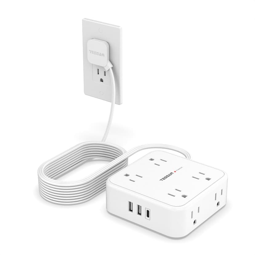 TESSAN Surge Protector Power Strip with 900J Surge Protection, 15 Ft, White | 8 AC with 3 USB Ports (1 USB C 20W PD), Flat Plug Extension Cord, 3 Sided Outlet Extender with Power Switch