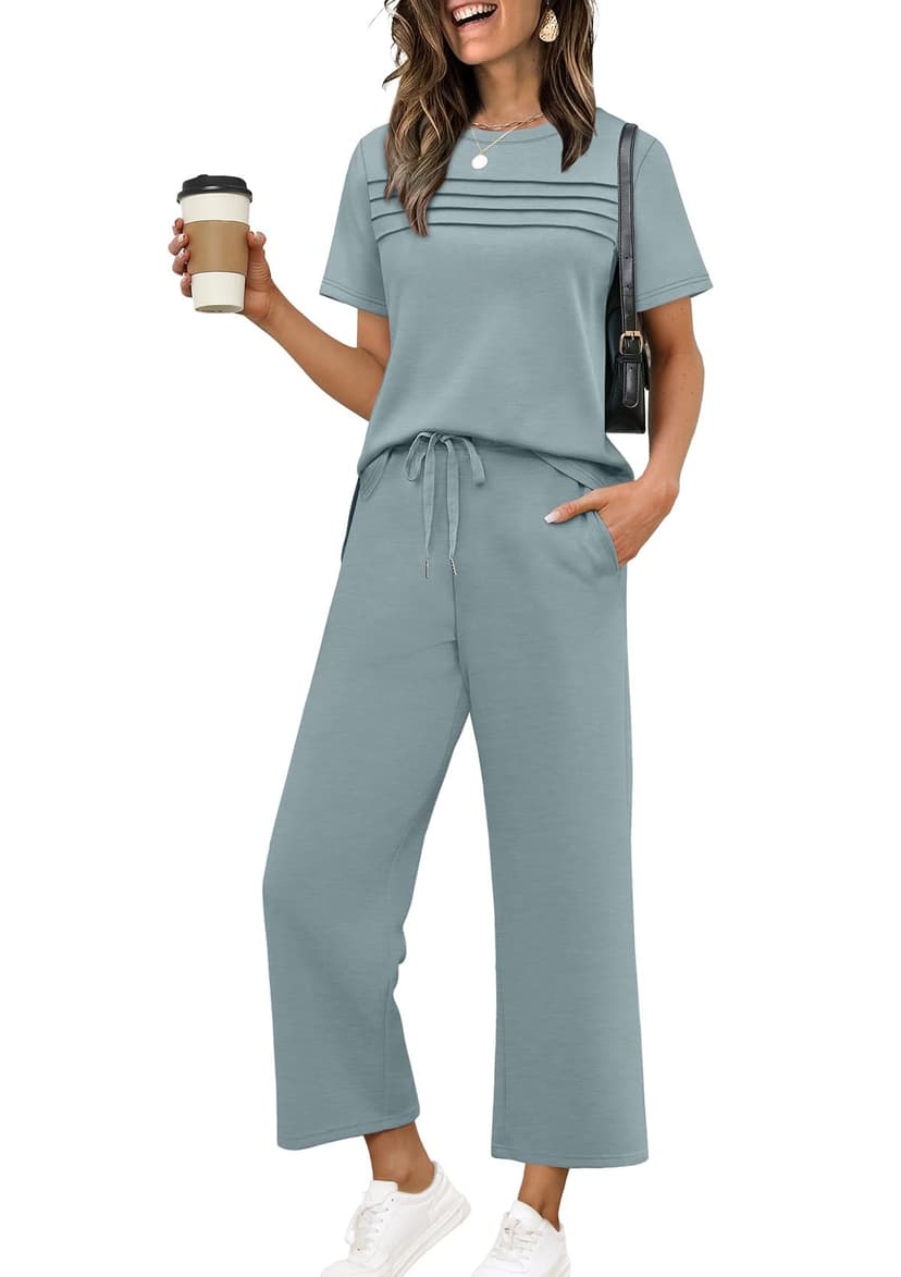 WIHOLL Two Piece Sets for Women Summer Spring Travel Vacation Outfits Short Sleeve Lounge Sets Side Slit Wide Leg Pants S-3XL