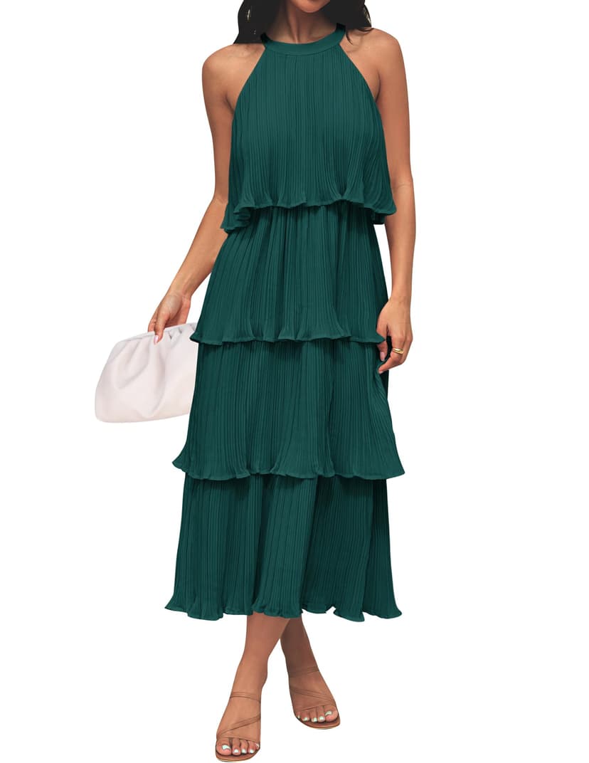 ZESICA Women's 2026 Summer Sleeveless Halter Neck Ruffle Tiered Layed Chiffon Flowy Swing Long Midi Dress