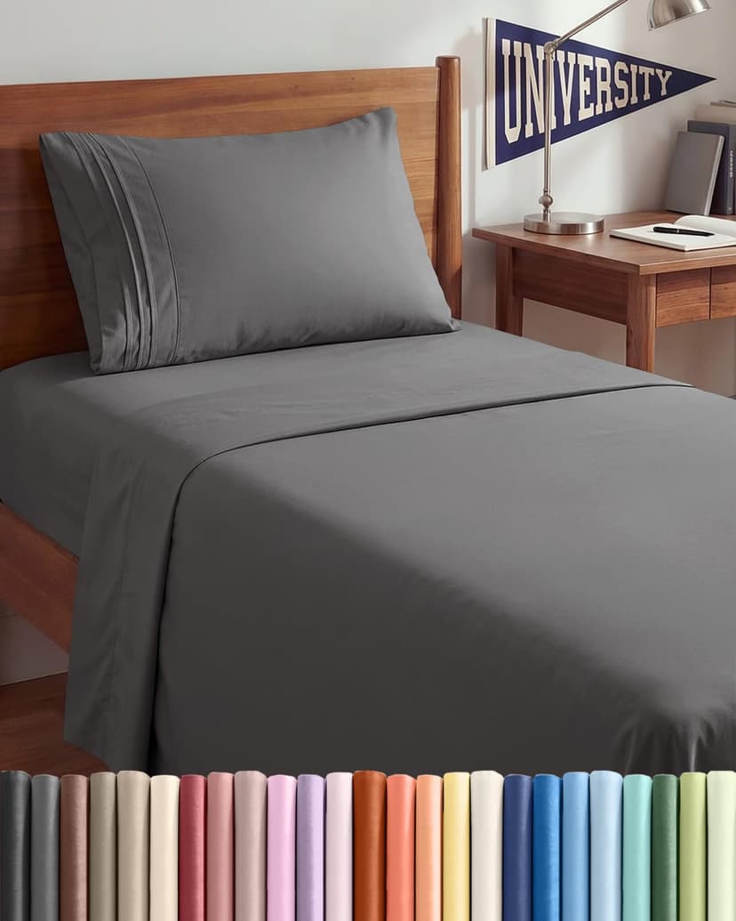 Twin XL 3 Piece Sheet Set - College Dorm Room Essentials - Dark Grey | Deep Pocket Bed Sheets for Women, Men, Teens & Students, Soft, Cooling, Breathable & Wrinkle Free, Oeko-Tex Bed Sheet Set