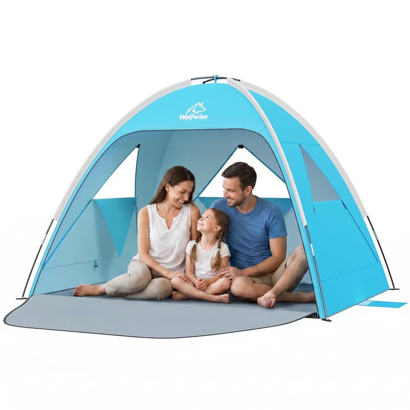Wolfwise Beach Tent Sun Shelter for 3 Person with UPF 50+ UV Protection, Sun Shade Beach Tents with Extendable Floor for Privacy, 3 Ventilated Mesh Windows & Carrying Bag, 87 ''x59''x48'', Blue