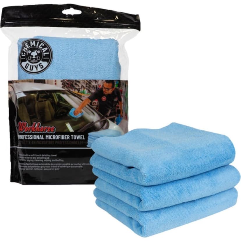 Chemical Guys MICBLUE03 Workhorse Professional Microfiber Towel, Blue (Safe for Car Wash, Home Cleaning & Pet Drying Cloths) 16" x 16", Pack of 3