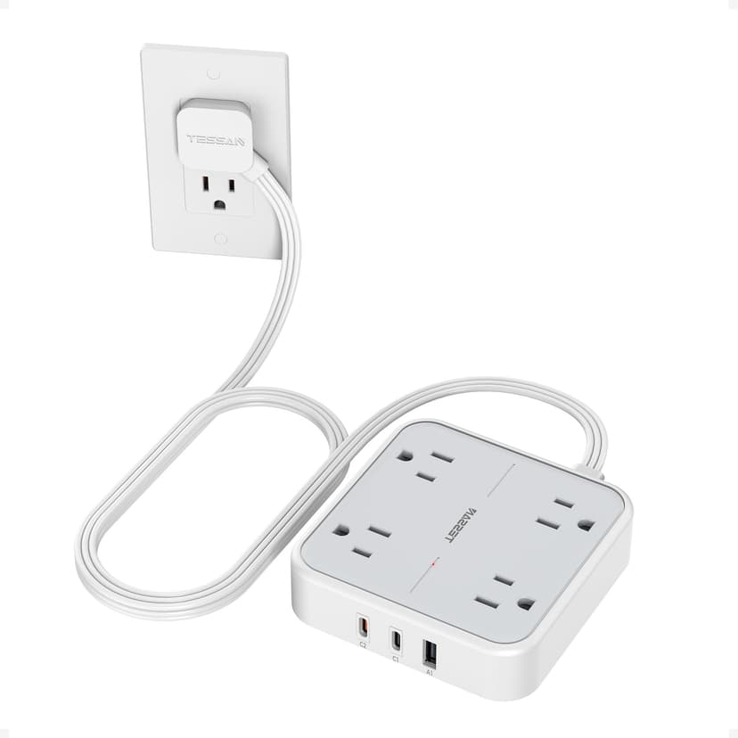 TESSAN Surge Protector Flat Extension Cord 5Ft, Flat Plug Power Strip | 4 Outlets 3 USB Ports (2 USB C), 900 Joules Protection, Multiple Wall Outlet Extender Suitable for Home Office Dorm, Grey