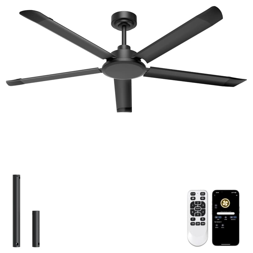Ohniyou 60'' Ceiling Fan No Light, Black Industrial Ceiling Fan with Remote/APP, Aluminum Blades, 6800 CFM DC Motor for Outdoor Patios,Shop, Garage
