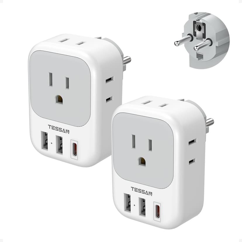TESSAN 2 Pack Type E F Plug Adapter, Germany France Power Travel Adaptor with 3 USB Charger(1 USB C PD 20W), 4 Outlets Schuko Plug for US to Europe Spain Iceland Korea Greece Russia German French