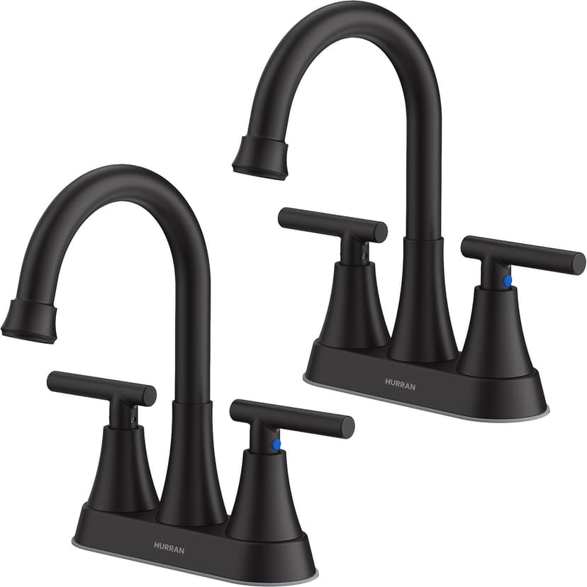 Matte Black Bathroom Faucets, Hurran 4 inch Centerset 2-Handle Lead-Free | Bathroom Sink Faucet with Pop-up Drain and Supply Lines, Stainless Steel Faucet for Vanity RV Restroom Laundry, 2 Pack