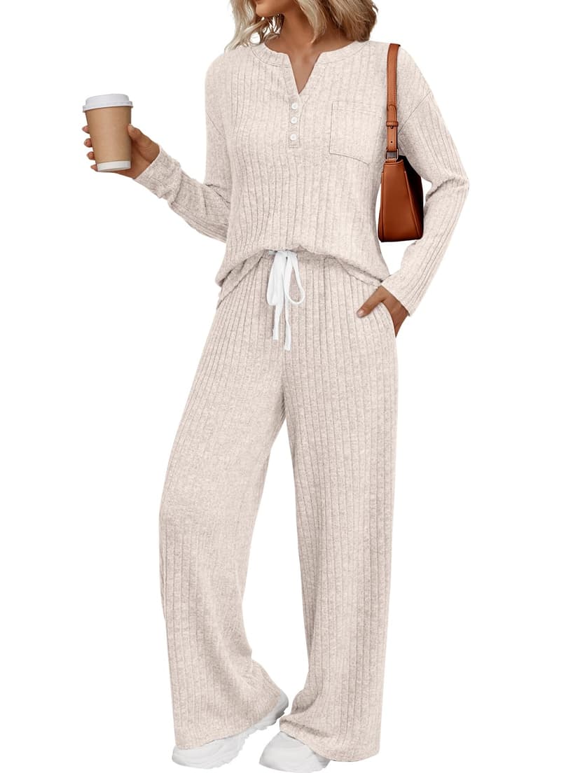 LILLUSORY Women's 2 Piece Matching Lounge Sets 2026 Trendy Fall Outfits | Long Sleeve Henley Top & Drawstring Wide Leg Pant with Pockets, Comfort Cozy, Travel Airport Vacation Cruise Sweat Suit