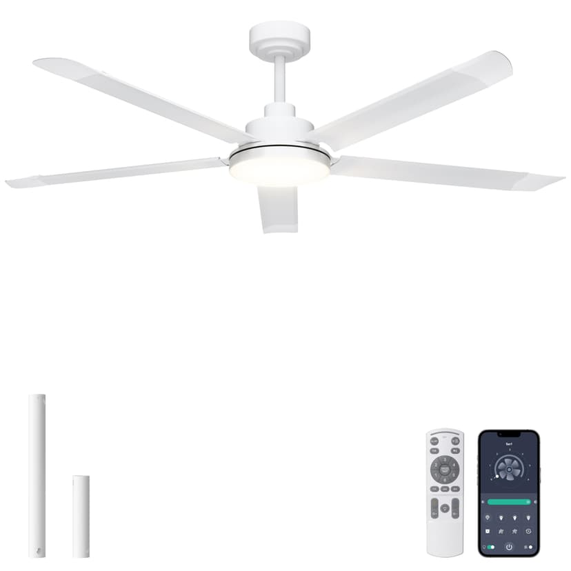 Ohniyou 60'' Industrial Ceiling Fan with Light for Patio, Porch, White | 6800 CFM Airflow, 35dB DC Motor, 5 Aluminum Blades, 3CCT Dimming, Remote/APP Control, Covered Outdoor Metal Fan