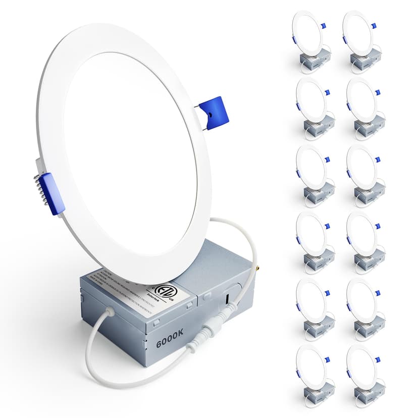 Ensenior 12 Pack 6 Inch LED Recessed Ceiling Light, 6000K, 1200LM 12W 120V | 5%-100% Dimming, Ultra-Thin Canless Wafer Downlight with Junction Box, High Brightness, Damp Rated, ETL&FCC&IC