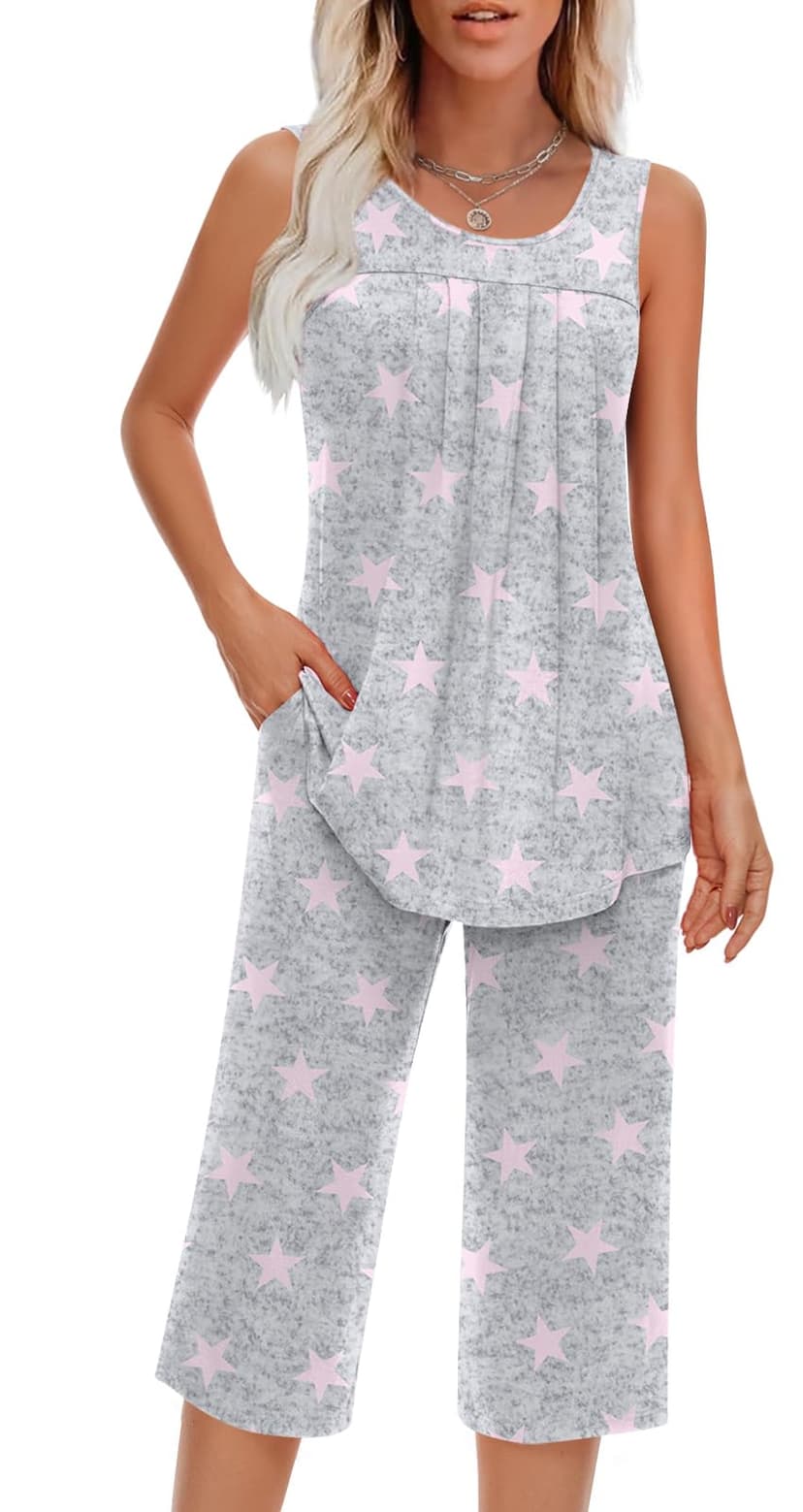Findsweet Women Pajamas Sets Loungewear Soft Sleepwear Two Piece Summer Sleeveless Pjs Tank Top Pants with Pocket S-4XL