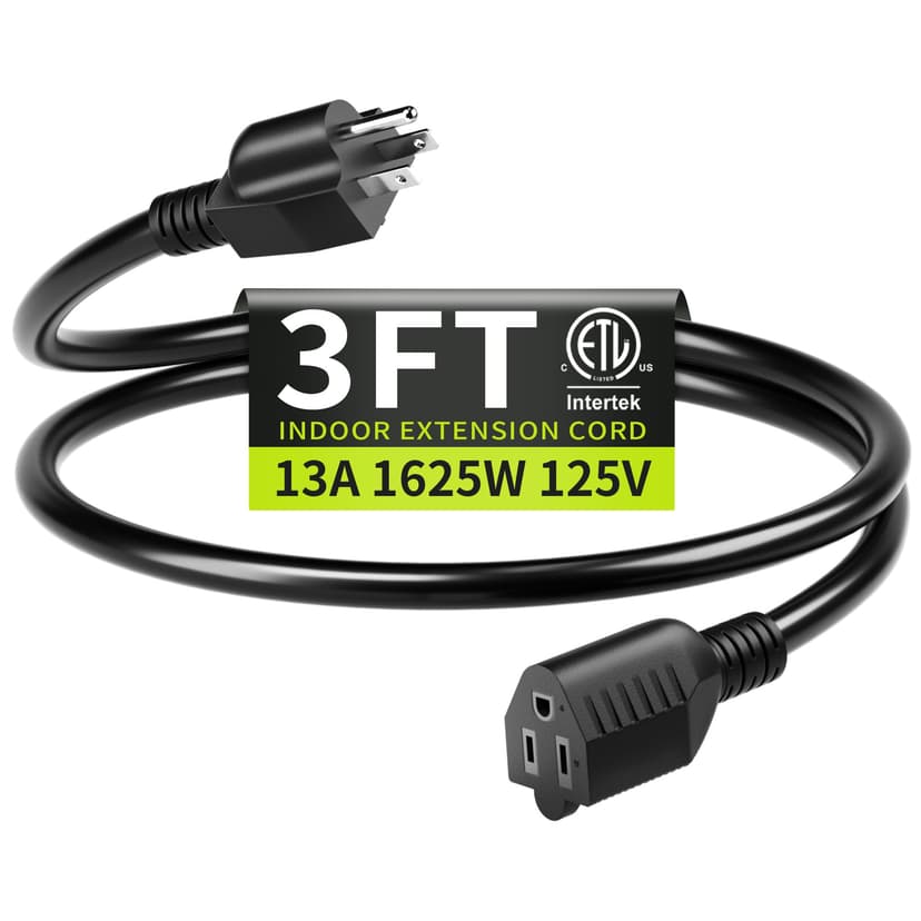Seeklyze 16/3 Black Extension Cord 3 FT Indoor, Short Extension Cord | Short Extension Cord 3FT for Laptops, Coffee Makers, 3 Prong Small Resistant Cable Flexible, 13A 125V 1625W ETL Listed