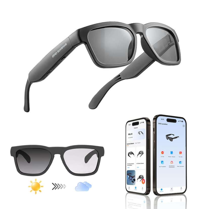 OHO AI Smart Glasses, Photochromic Z87.1 Open‑Ear Bluetooth Sunglasses | 165‑Language Translation, ChatGPT AI, 10H Playtime, Voice Control, Hands‑Free Calls & Music, Unisex for Travel & Daily Use