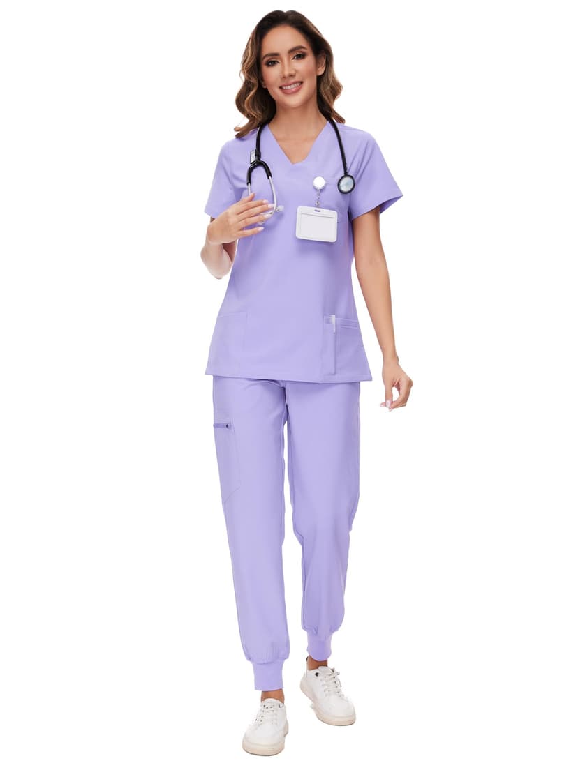 COZYFIT Scrubs for Women Set - Stretch V-Neck & Jogger Pant with 9 Pockets | Yoga Waistband, Water Resistant Workwear, Slim Fit Look, For Nurses, Clinics, Long Shifts, Daily Medical Uniforms